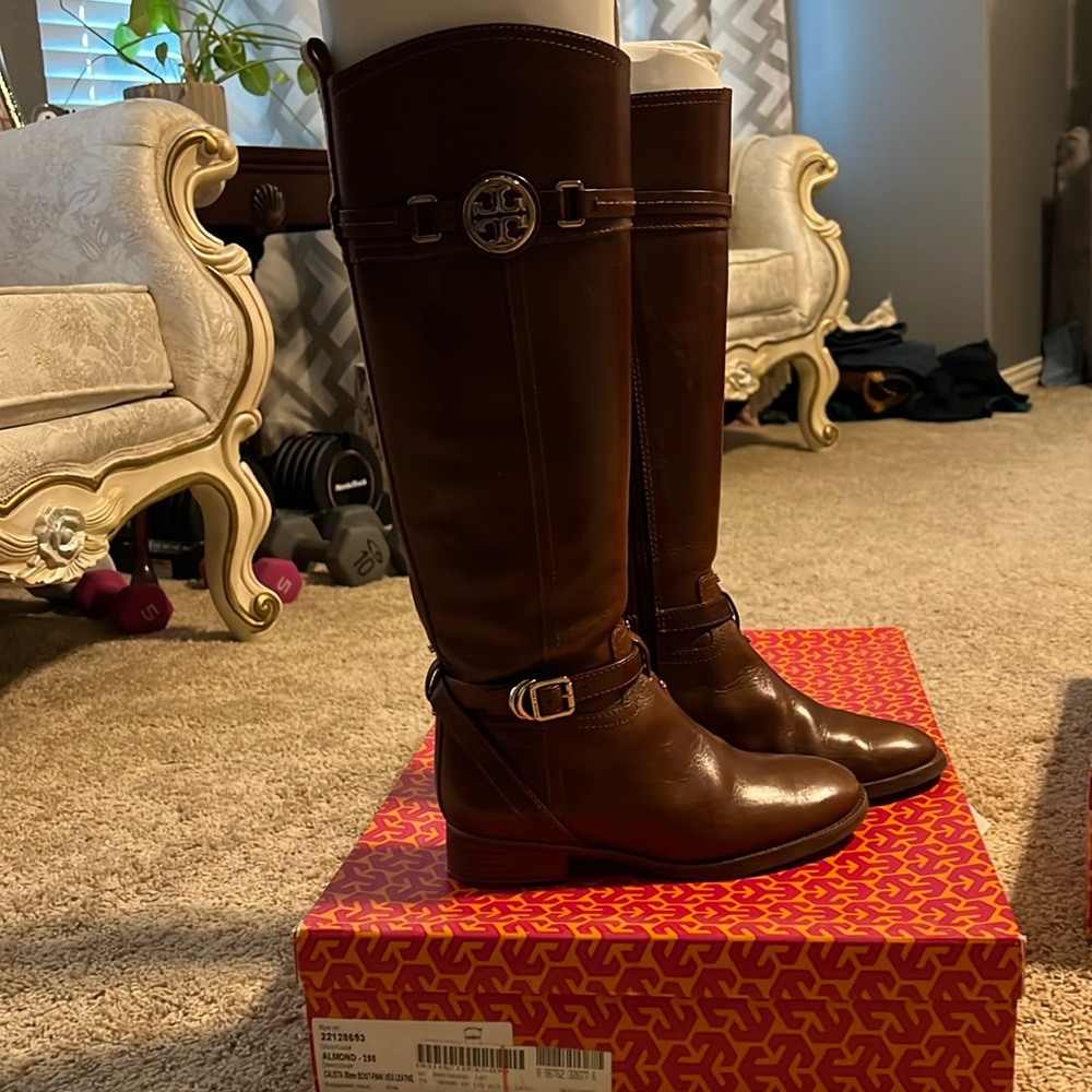Used Tory Burch Calista Riding Boot, Almond color, size 5